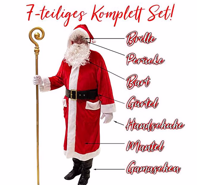 Weihnachtsmann Kostüm inkl. Zubehör Gr. 52-58 7-tlg.-Set Plüsch-Weihnachtsmann-Mantel mit Bart Gürtel Handschuhe Gamaschen und Brille Weihnachtsmann Kostüm inkl. Zubehör Gr. 52-58 7-tlg.-Set Plüsch-Weihnachtsmann-Mantel mit Bart Gürtel Handschuhe Gamaschen und Brille