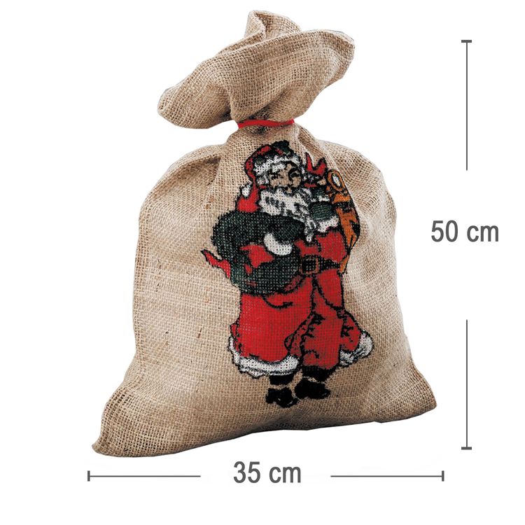 Weihnachtsmannsack aus Jute 35 x 50 cm bedruckt mit Weihnachtsmann-Motiv Weihnachtsmannsack aus Jute 35 x 50 cm bedruckt mit Weihnachtsmann-Motiv Geschenkesack Nikolaussack Zubehör SALE Weihnachten Heiligabend Bescherung