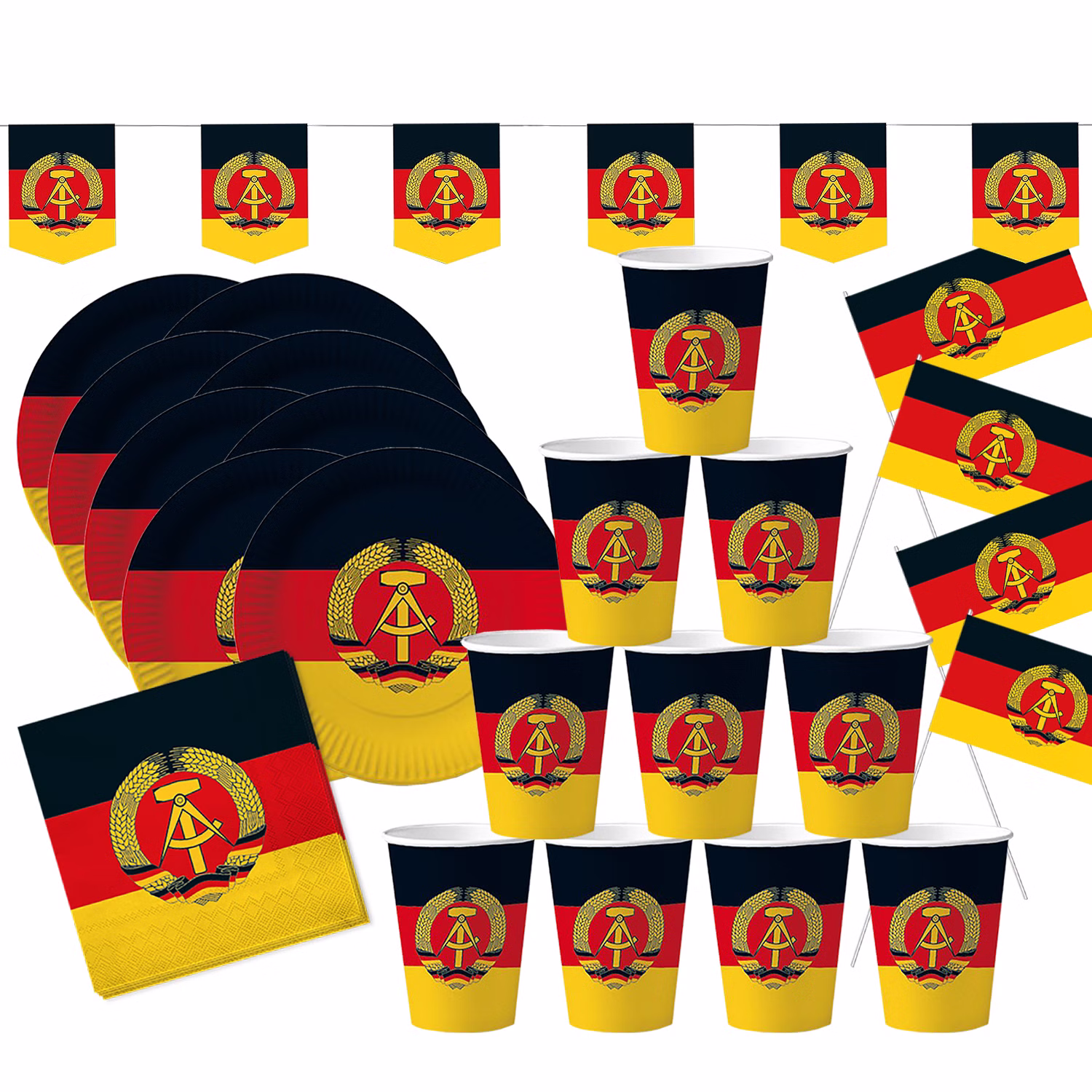 DDR Party-Set Deko für 8 Personen 49-tlg. Pappgeschirr Mottoparty Nostalgie schwarz rot gold Ostalgie Andere Länder DDR Party-Set Deko für 8 Personen 49-tlg. Pappgeschirr Mottoparty Nostalgie schwarz rot gold Ostalgie Andere Länder
