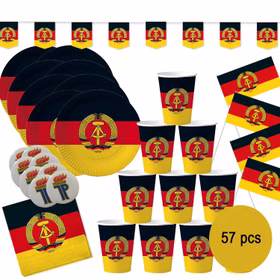 XXL DDR Party-Set Deko für 8 Personen 57-tlg. Pappgeschirr Mottoparty Nostalgie schwarz rot gold Ostalgie Andere Länder