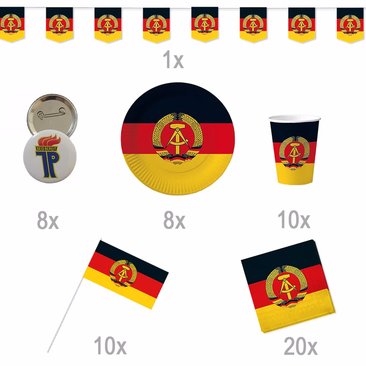 XXL DDR Party-Set Deko für 8 Personen 57-tlg. Pappgeschirr Mottoparty Nostalgie schwarz rot gold Ostalgie Andere Länder XXL DDR Party-Set Deko für 8 Personen 57-tlg. Pappgeschirr Mottoparty Nostalgie schwarz rot gold Ostalgie Andere Länder
