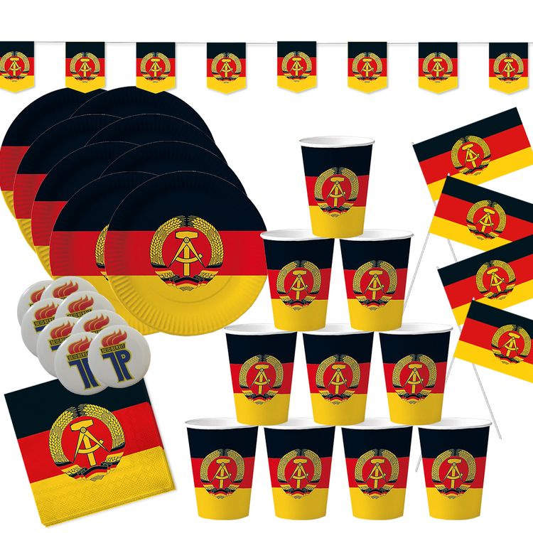 XXL DDR Party-Set Deko für 8 Personen 57-tlg. Tisch-Deko XXL DDR Party-Set Deko für 8 Personen 57-tlg. Pappgeschirr Mottoparty Nostalgie schwarz rot gold Ostalgie Andere Länder