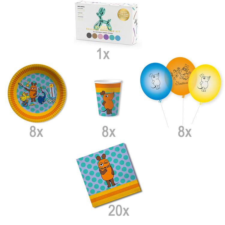 Die Maus Party-Set Kindergeburtstag 8 Kinder 75-tlg. Pappgeschirr Mottoparty Tischdeko Die Sendung mit der Maus Luftballons Modellierballons Deko