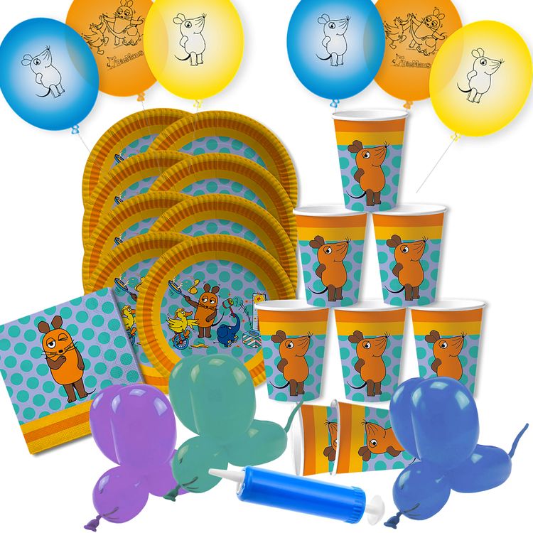 Die Maus Party-Set Kindergeburtstag 8 Kinder 75-tlg. Pappgeschirr Mottoparty Tischdeko Die Sendung mit der Maus Luftballons Modellierballons Deko