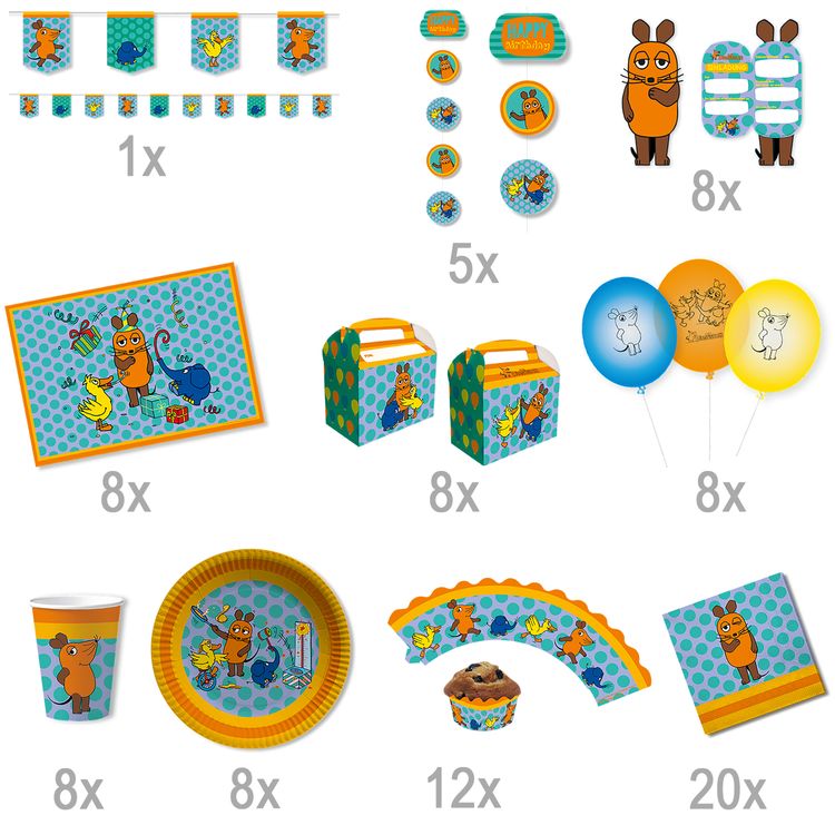 XXL Die Maus Party-Set Kindergeburtstag 8 Kinder 86-tlg. Pappgeschirr Mottoparty Tischdeko Die Sendung mit der Maus Luftballons Modellierballons Deko