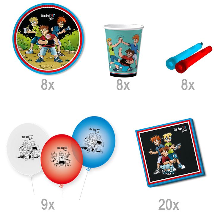 Die drei ??? Kids Party-Set Kindergeburtstag 8 Kinder 53-tlg. Pappgeschirr Mottoparty Tischdeko Luftballons Deko Die drei Fragezeichen Zubehör