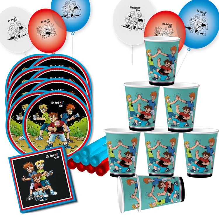 Die drei ??? Kids Party-Set Kindergeburtstag 8 Kinder 53-tlg. Pappgeschirr Mottoparty Tischdeko Luftballons Deko Die drei Fragezeichen Zubehör
