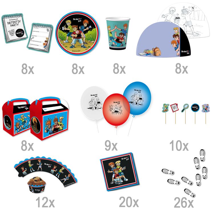 XXL Die drei ??? Kids Party-Set Kindergeburtstag 8 Kinder 117 Teile Pappgeschirr Mottoparty Tischdeko Luftballons Deko Die drei Fragezeichen Zubehör