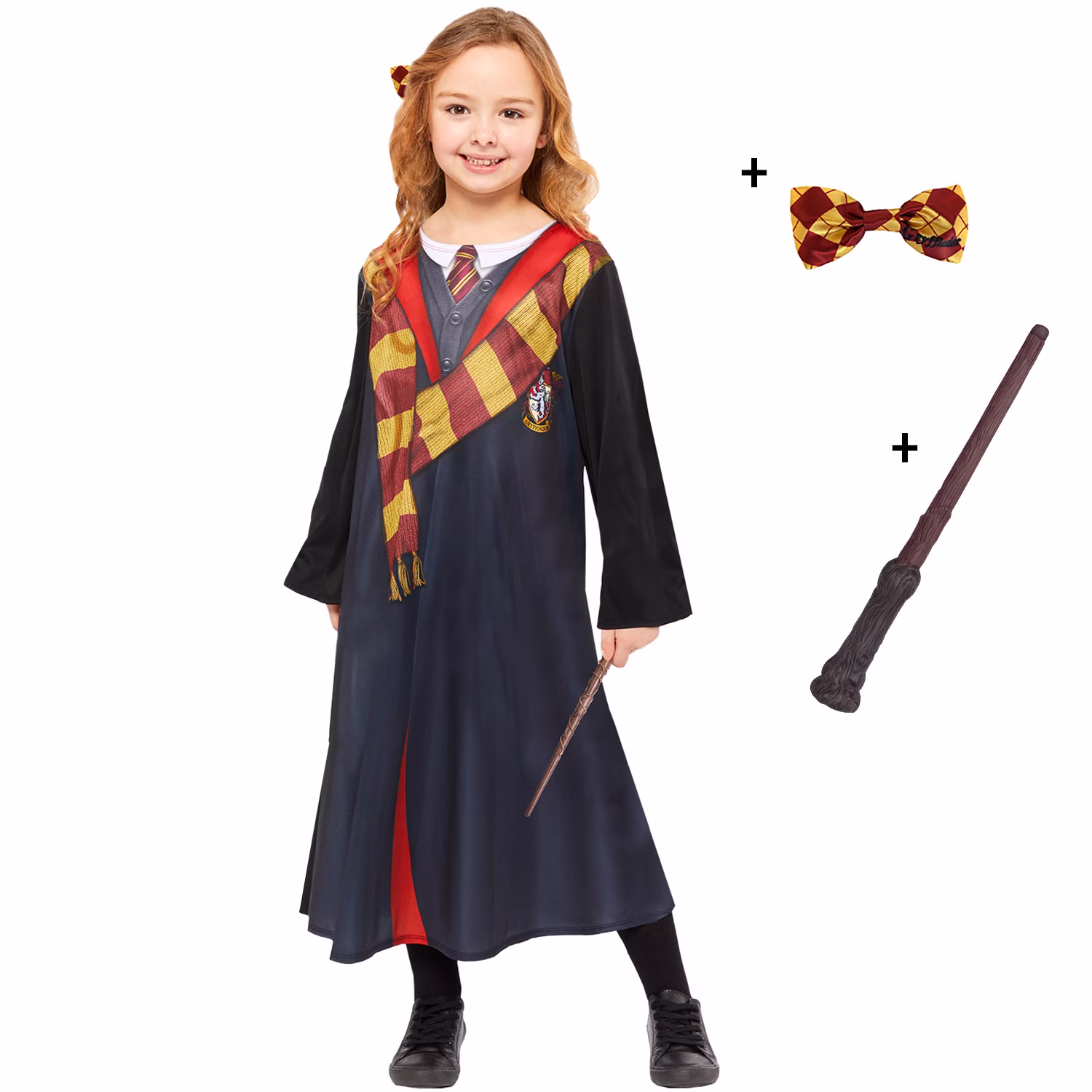 Hermione Granger Deluxe Kostüm für Kinder 4-12 Jahre mit Zauberstab und Haargummi-Schleife Harry Potter Gryffindor Hogwarts Zauberlehrling Zauberschülerin Fasching Karneval Mottoparty Halloween