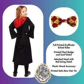 Hermine Granger Deluxe Kostüm für Kinder 4-12 Jahre mit Zauberstab und Haargummi-Schleife Harry Potter Gryffindor Hogwarts Zauberlehrling Zauberschülerin Fasching Karneval Mottoparty Halloween