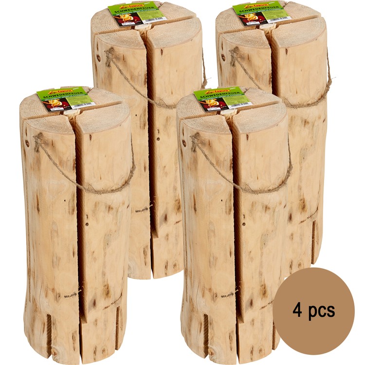 4x Schwedenfeuer 47 x 18 cm naturbelassenes Holz 120 min Brenndauer Outdoor 4 Stück Naturholz Garten Grillen Sommerparty