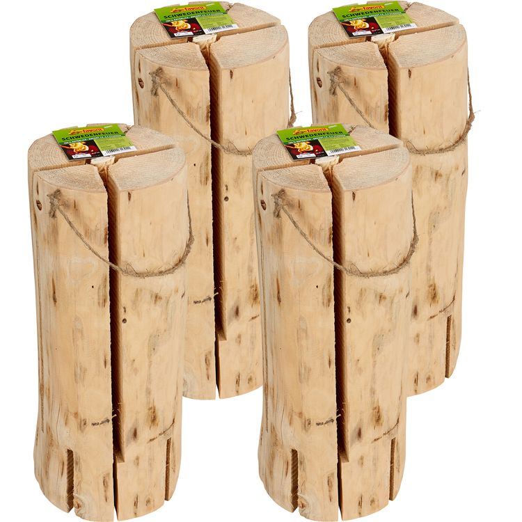 4x Schwedenfeuer 47 x 18 cm naturbelassenes Holz 120 min Brenndauer Outdoor 4 Stück Naturholz Garten Grillen Sommerparty