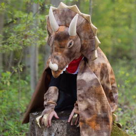 Triceratops Kostüm Dino Saurier Grandasaurus für Kinder auf einem Baumstumpf hockend