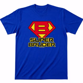 Super Bruder T-Shirt Blau Lustiges Geschenk für Herren Geburtstag Gr. S-XL SALE Männertag Weihnachten Ostern Geschenk Bekleidung für Herren Geschwisterliebe Blaues T-Shirt mit Super Bruder Aufdruck vor weißem Hintergrund.