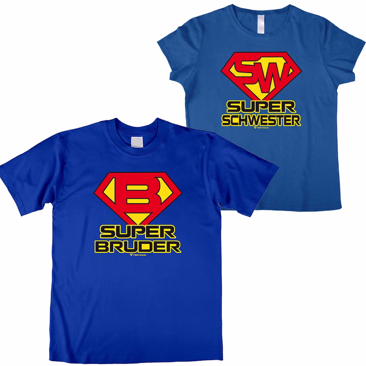 Super Bruder T-Shirt Blau Lustiges Geschenk für Herren Geburtstag Gr. S-XL SALE Männertag Weihnachten Ostern Geschenk Bekleidung für Herren Geschwisterliebe Super Bruder und Super Schwester T-Shirt vor weißem Hintergrund.