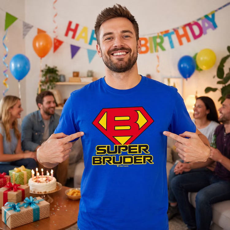 Super Bruder T-Shirt Blau Lustiges Geschenk für Herren Geburtstag Gr. S-XL SALE Männertag Weihnachten Ostern Geschenk Bekleidung für Herren Geschwisterliebe Mann trägt blaues Super Bruder T-Shirt auf Geburtstagsparty und zeigt auf das Motiv