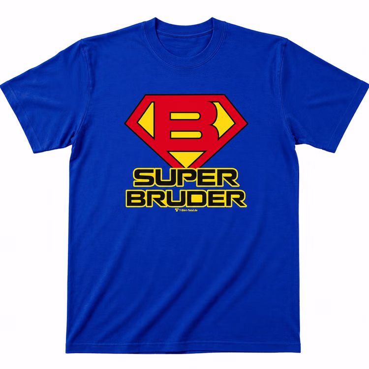 Super Bruder T-Shirt Blau Lustiges Geschenk für Herren Geburtstag Gr. S-XL SALE Männertag Weihnachten Ostern Geschenk Bekleidung für Herren Geschwisterliebe Blaues T-Shirt mit Super Bruder Aufdruck vor weißem Hintergrund.