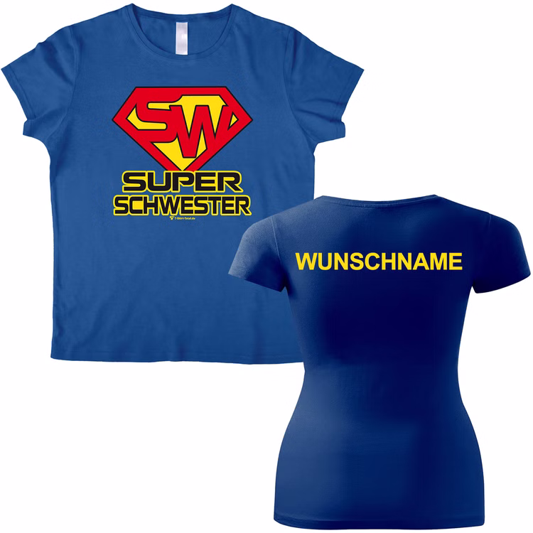 Damen T-Shirt Super Schwester mit Wunschname Gr. S-L blau Geschenkidee Geburtstag Frauentag Weihnachten Ostern Geschenk Damen-Bekleidung SALE Damen T-Shirt Super Schwester mit Wunschname Gr. S-L blau Geschenkidee Geburtstag Frauentag Weihnachten Ostern Geschenk Damen-Bekleidung SALE