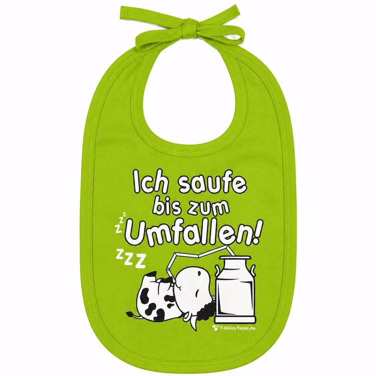 Baby Lätzchen grün Lustiger Spruch Sabberlatz aus Baumwolle SALE Geschenkidee Geburt 1. Geburtstag Sabberlatz Esslatz Kleckerlatz Kleckerlätzchen für Babys & Kleinkinder Hellgrünes Baby-Lätzchen mit lustigem Spruch und Kuh-Motiv vor weißem Hintergrund.