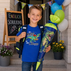Fröhlicher Junge mit blauem Dino-T-Shirt und Schulranzen hält eine große Dino-Zuckertüte zur Einschulung vor einem geschmückten Schuleingang.