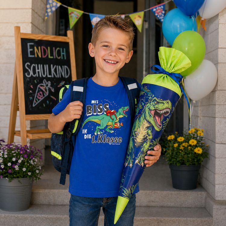 Blaues Rundhals-T-Shirt mit T-Rex und Spruch "Mit Biss in die 1. Klasse" von Vorne.