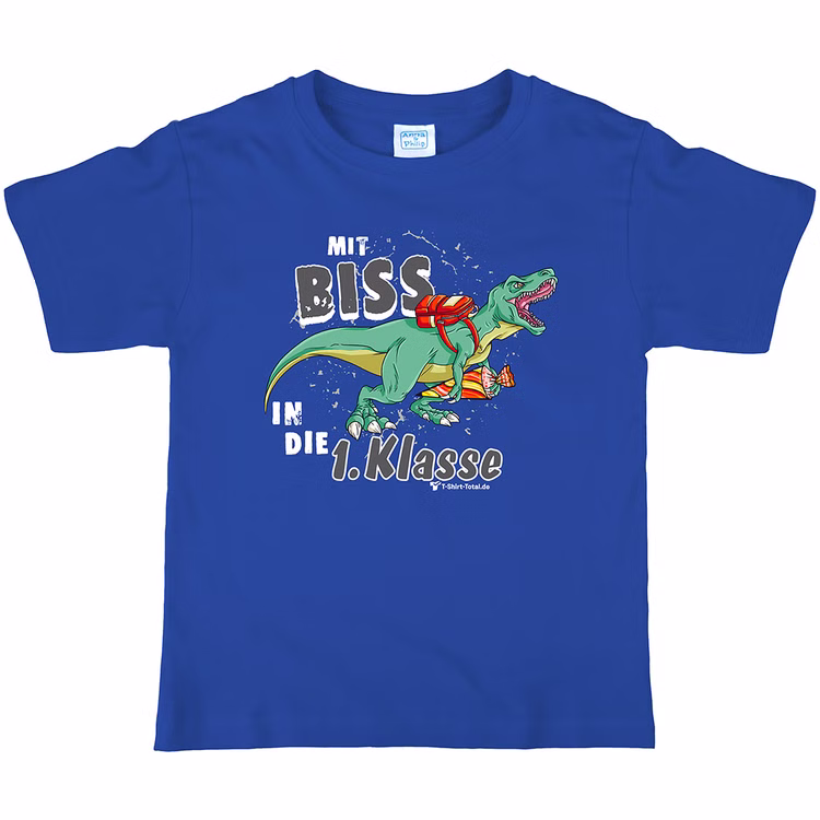 T-Rex T-Shirt Schulanfang Mit Biss in die 1. Klasse Gr. 110-152 blau Schulanfang ABC-Schütze Geschenkidee Zuckertüte für Jungen SALE Blaues Rundhals-T-Shirt mit T-Rex und Spruch "Mit Biss in die 1. Klasse" von Vorne.