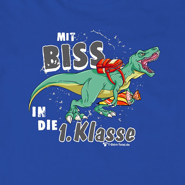 T-Rex T-Shirt Schulanfang Mit Biss in die 1. Klasse Gr. 110-152 blau Schulanfang ABC-Schütze Geschenkidee Zuckertüte für Jungen SALE
