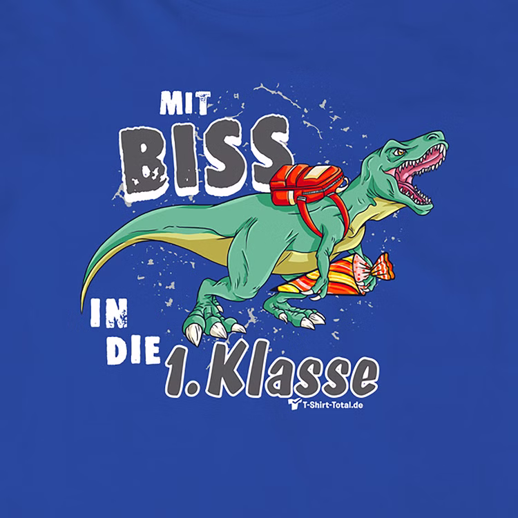 T-Rex T-Shirt Schulanfang Mit Biss in die 1. Klasse Gr. 110-152 blau Schulanfang ABC-Schütze Geschenkidee Zuckertüte für Jungen SALE Detailaufnahme des T-Rex-Motives mit Zuckertüte in der Hand und lustigem Spruch zur Einschulung.