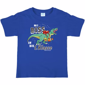T-Rex T-Shirt Schulanfang Mit Biss in die 1. Klasse Gr. 110-152 blau mit Wunschname Schulanfang ABC-Schütze Geschenkidee Zuckertüte für Jungen SALE T-Rex T-Shirt Schulanfang Mit Biss in die 1. Klasse Gr. 110-152 blau mit Wunschname Schulanfang ABC-Schütze Geschenkidee Zuckertüte für Jungen SALE
