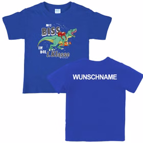 T-Rex T-Shirt Schulanfang Mit Biss in die 1. Klasse Gr. 110-152 blau mit Wunschname Schulanfang ABC-Schütze Geschenkidee Zuckertüte für Jungen SALE T-Rex T-Shirt Schulanfang Mit Biss in die 1. Klasse Gr. 110-152 blau mit Wunschname Schulanfang ABC-Schütze Geschenkidee Zuckertüte für Jungen SALE