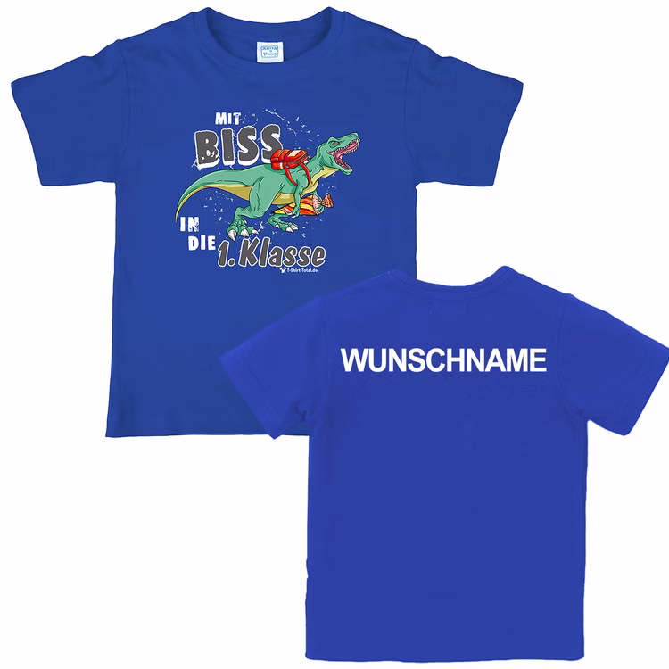 T-Rex T-Shirt Schulanfang Mit Biss in die 1. Klasse Gr. 110-152 blau mit Wunschname Schulanfang ABC-Schütze Geschenkidee Zuckertüte für Jungen SALE T-Rex T-Shirt Schulanfang Mit Biss in die 1. Klasse Gr. 110-152 blau mit Wunschname Schulanfang ABC-Schütze Geschenkidee Zuckertüte für Jungen SALE