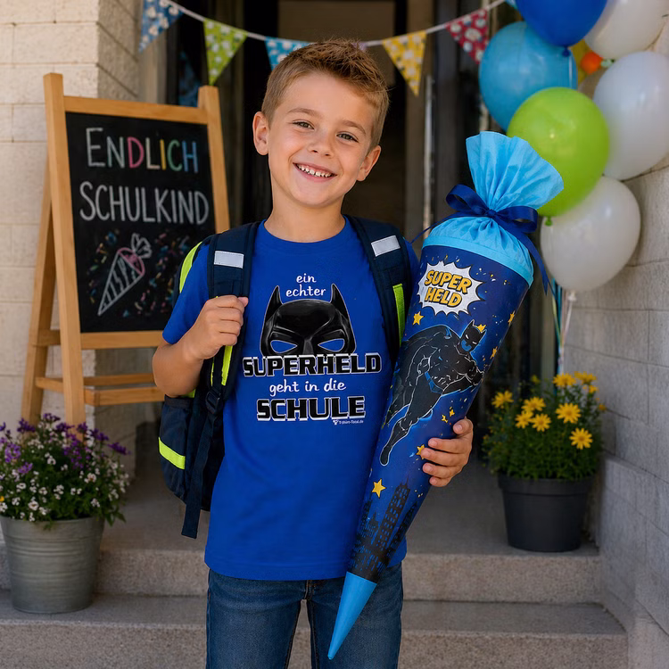 Superheld Kinder T-Shirt blau Schulanfang Einschulung ABC-Schütze Gr. 110-152 SALE Schulanfang ABC-Schütze Geschenkidee Zuckertüte für Jungen Fröhlicher Junge trägt blaues Superhelden T-Shirt und hält eine passende Zuckertüte vor einem festlich geschmückten Schuleingang zur Einschulung.