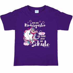 Einhorn Kinder T-Shirt lila Schulanfang Bye Bye Kindergarten Schule Gr. 110-152 SALE Schulanfang ABC-Schütze Geschenkidee Zuckertüte für Mädchen Lila Kinder T-Shirt mit Einhorn Motiv und Spruch Bye Bye Kindergarten ich trabe jetzt zur Schule.