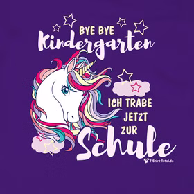 Einhorn Kinder T-Shirt lila Schulanfang Bye Bye Kindergarten Schule Gr. 110-152 SALE Schulanfang ABC-Schütze Geschenkidee Zuckertüte für Mädchen Detailansicht des Motiv-Prints von Vorne.