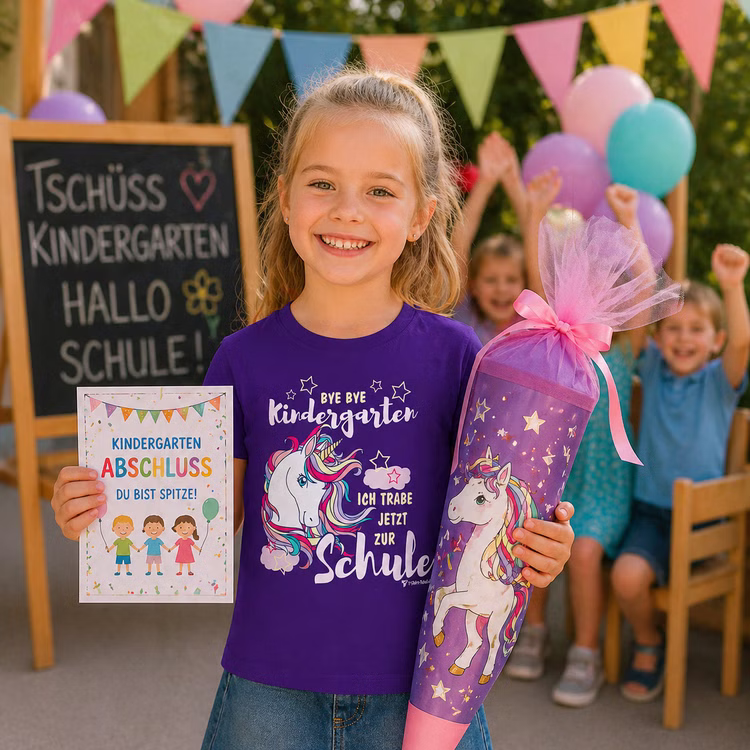 Einhorn Kinder T-Shirt lila Schulanfang Bye Bye Kindergarten Schule Gr. 110-152 SALE Schulanfang ABC-Schütze Geschenkidee Zuckertüte für Mädchen Mädchen mit Einhorn T-Shirt lila und Zuckertüte bei fröhlicher Kindergarten-Abschlussfeier vor Schulanfang.