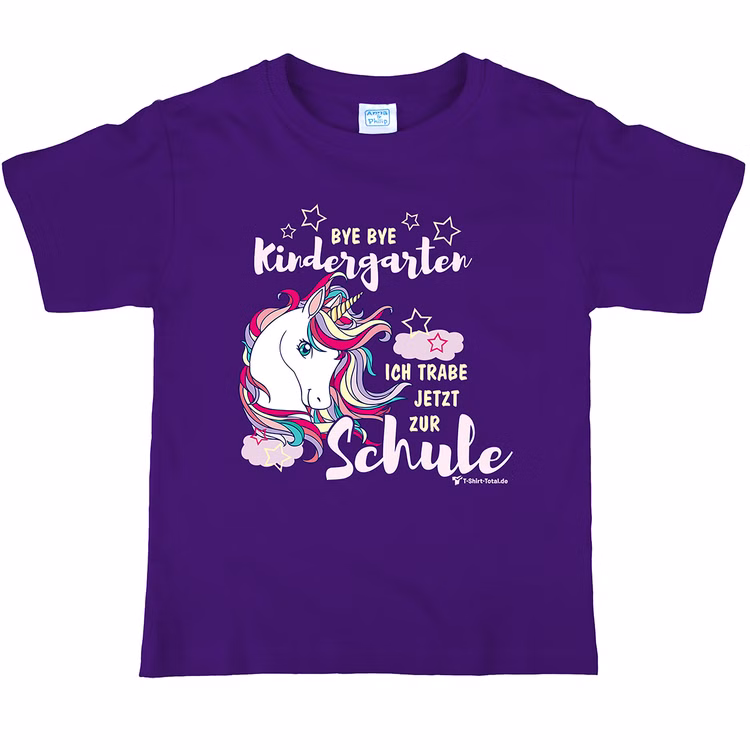 Einhorn Kinder T-Shirt lila Schulanfang Bye Bye Kindergarten Schule Gr. 110-152 SALE Schulanfang ABC-Schütze Geschenkidee Zuckertüte für Mädchen Lila Kinder T-Shirt mit Einhorn Motiv und Spruch Bye Bye Kindergarten ich trabe jetzt zur Schule.