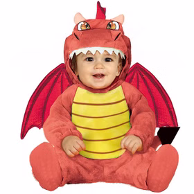 Roter Drache Kostüm Feuerdrache Ryu für Kinder 12-24 Monate Tier Overall mit Kapuze Tierkostüm Märchen Fasching Karneval Mottoparty Kinderfasching
