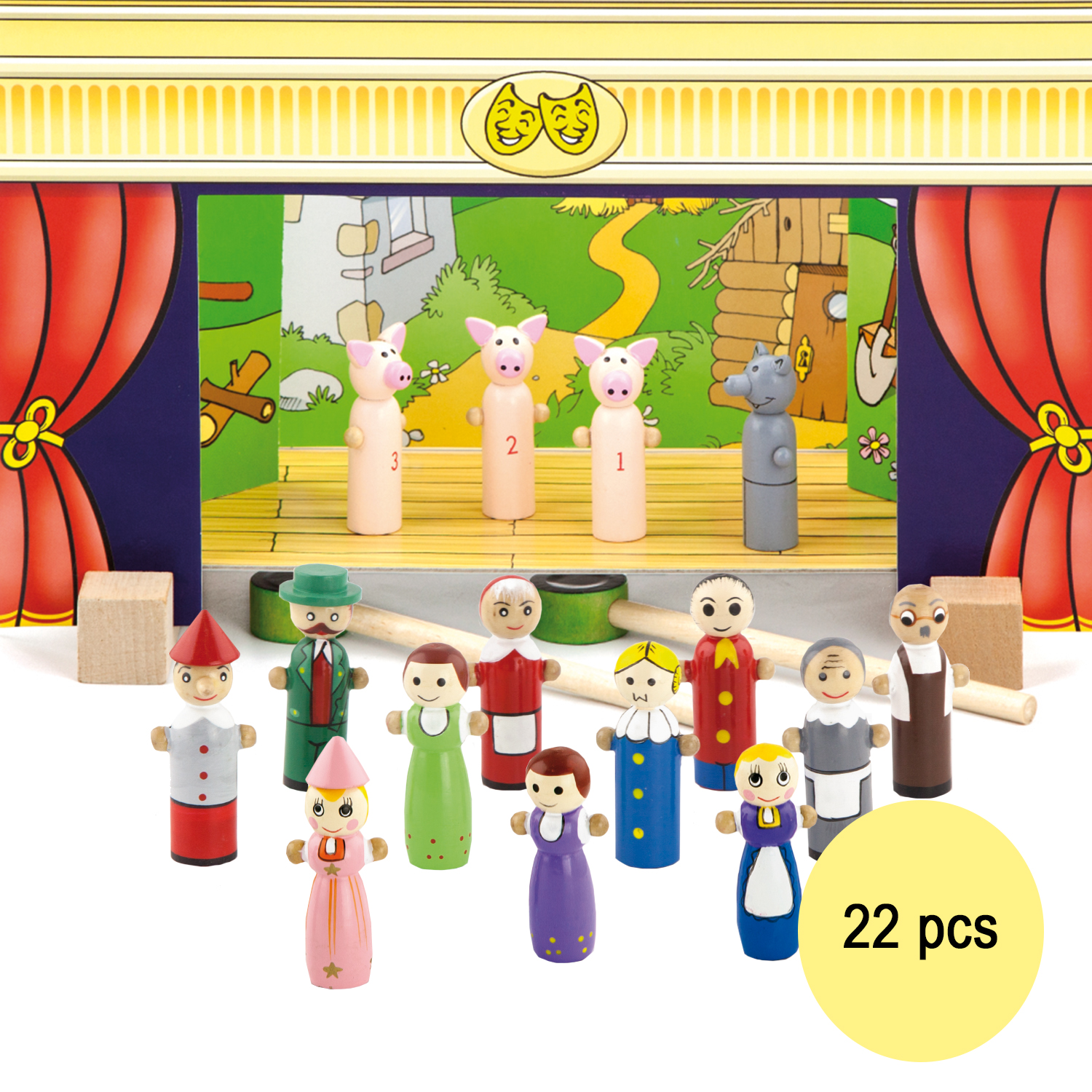 puppentheater spielzeug Magnetisches Holz-Puppentheater mit 15 Figuren und 4 Märchen