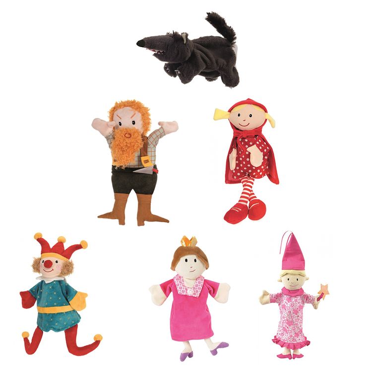 Handpuppen-Set 6 Stück 24-30 cm Puppen-Zubehör für Puppen- und Kasperletheater Handpuppen-Set für Kinder bestehend aus Wolf Räuber Rotkäppchen Kasperle Königin und Fee