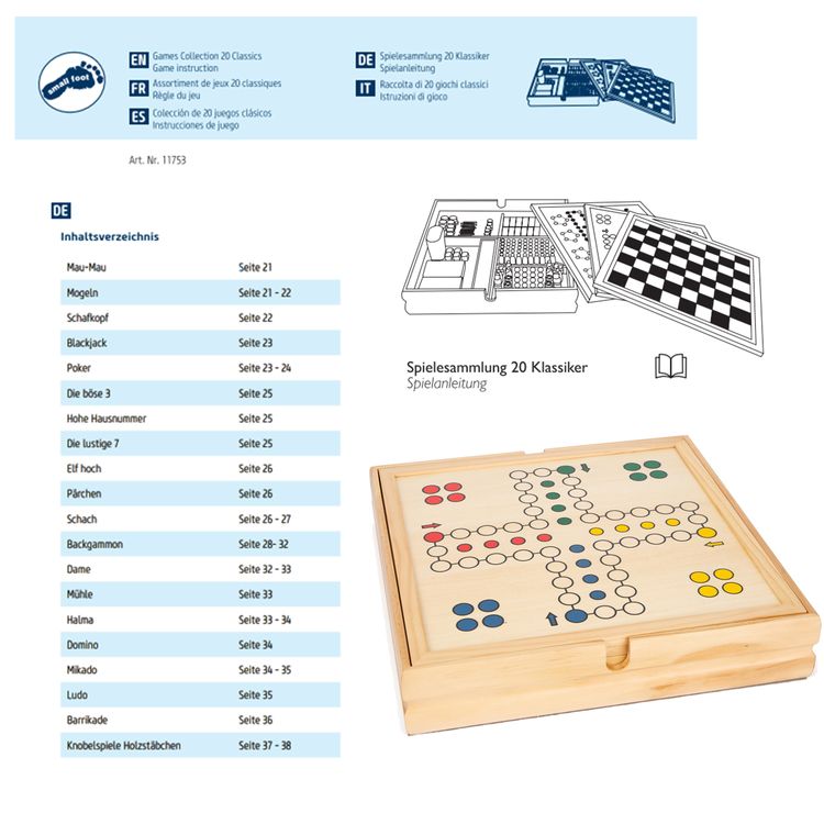 Spielesammlung aus Holz mit 20 Klassikern Brettspiel 80 Spielvarianten Spielesammlung aus Holz mit 20 klassischen Gesellschaftsspielen Brettspiel mit bis zu 80 weiteren Spielvarianten als Brett-, Karten-, Würfel- und Knobelspiele Holz-Spielzeug für Kinder ab 6 Jahre