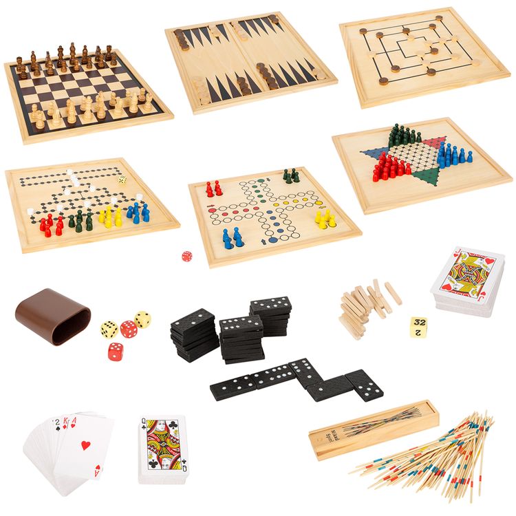 Spielesammlung aus Holz mit 20 Klassikern Brettspiel 80 Spielvarianten Spielesammlung aus Holz mit 20 klassischen Gesellschaftsspielen Brettspiel mit bis zu 80 weiteren Spielvarianten als Brett-, Karten-, Würfel- und Knobelspiele Holz-Spielzeug für Kinder ab 6 Jahre