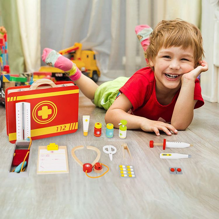 Arztkoffer Notarztkoffer aus Holz für Kinder inkl. 14-tlg. Zubehör Arztkoffer Notarztkoffer aus Holz für Kinder mit 14-tlg. Zubehör Stethoskop Fieberthermometer Medizin und Spritze Holz-Spielzeug für Kinder ab 3 Jahre Rollenspiel Geschenkidee Geburtstag Weihnachten