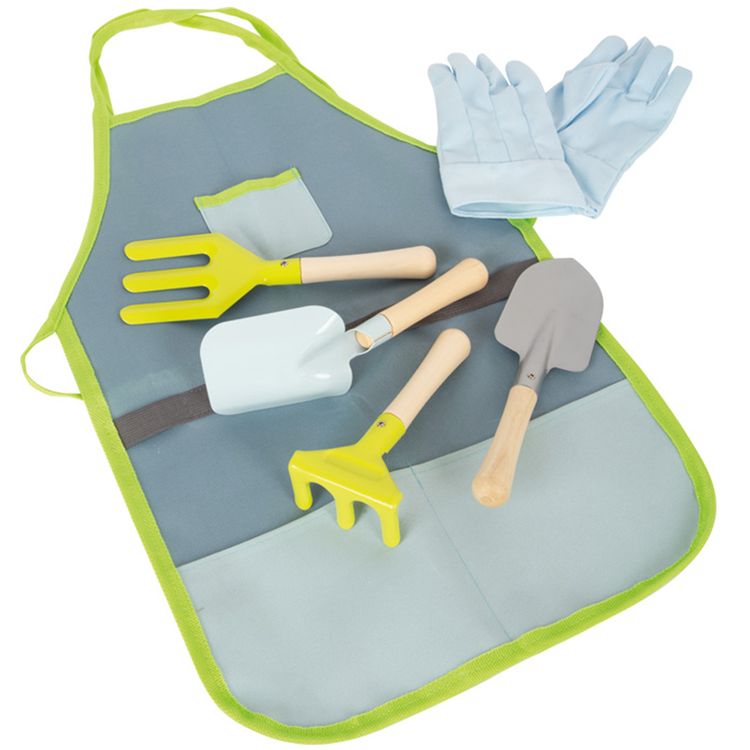 Schürze für Kinder Gartenschürze mit Werkzeugen & Handschuhen Schürze für Kinder Gartenschürze mit Werkzeugen & Handschuhen Kinder-Gartenschürze mit Brusttasche, Gartenhandschuhen und vier Gartengeräten Spaten Harke Schaufel Blumengabel Holz-Spielzeug