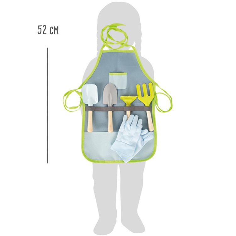 Schürze für Kinder Gartenschürze mit Werkzeugen & Handschuhen Schürze für Kinder Gartenschürze mit Werkzeugen & Handschuhen Kinder-Gartenschürze mit Brusttasche, Gartenhandschuhen und vier Gartengeräten Spaten Harke Schaufel Blumengabel Holz-Spielzeug