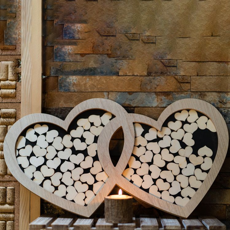 Gästebuch Hochzeit Holz Doppelherz Bilderrahmen mit 85 Herzen zum Beschriften personalisierte Geschenkidee Hochzeit Geburtstag Brautpaar Bilderrahmen Hochzeitsfeier
