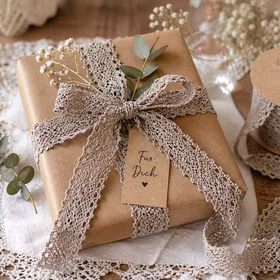 Vintage-Geschenkverpackung mit taubefarbenem Spitzenband aus Baumwolle, Schleife und floraler Dekoration im Boho-Stil.