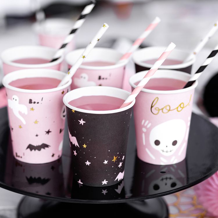 Becher Halloween Boo rosa schwarz 6 Stück Tisch-Deko Halloween-Party Mottoparty 
