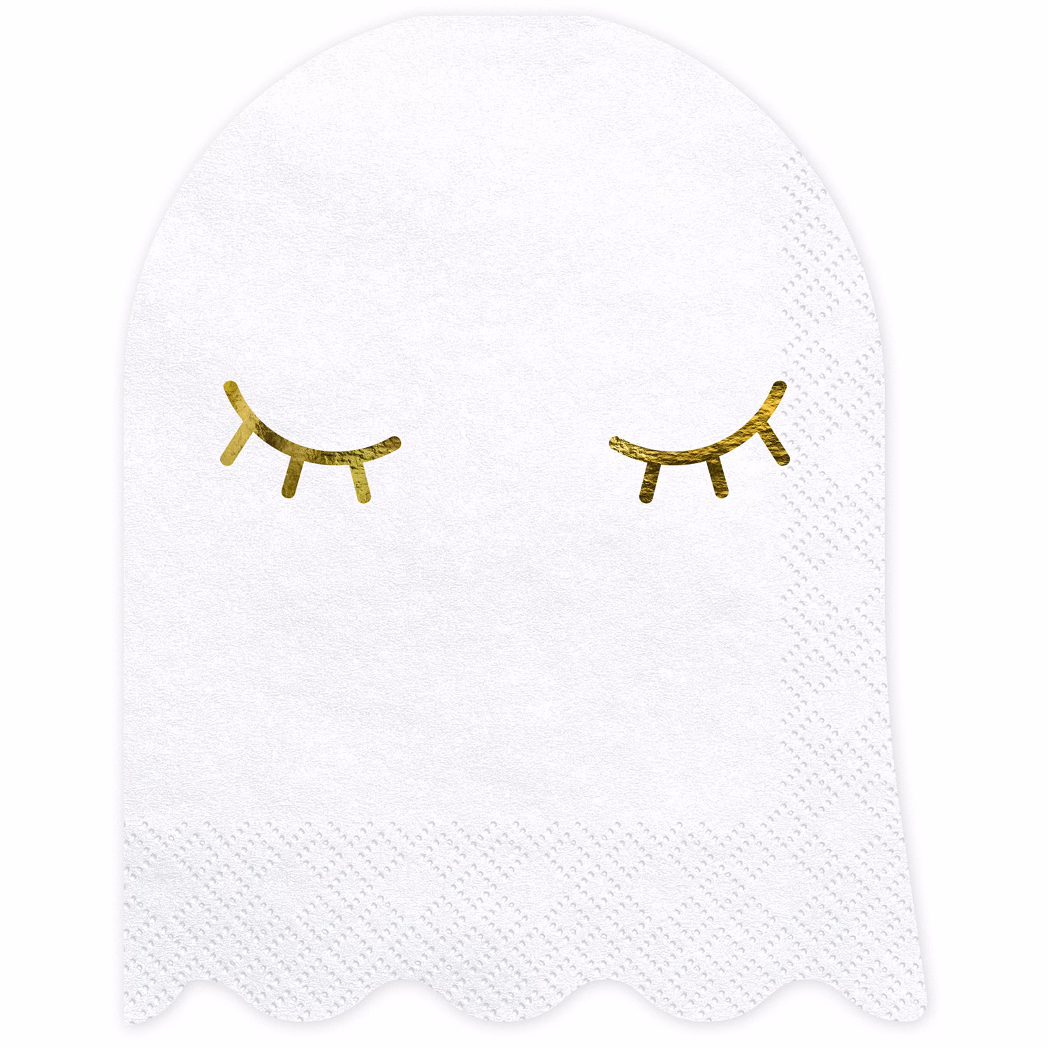 Weiße Halloween-Serviette in Gespensterform mit goldfarbenen Wimpern auf hellem Hintergrund.