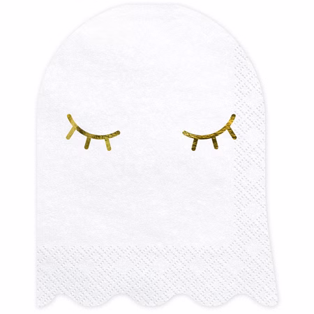Halloween Servietten Geist Weiß Gold 20 Stück Gespenst Papierservietten SALE Tisch-Deko Party-Deko Halloween Zubehör Halloween Party Mottoparty Kindergeburtstag Weiße Halloween-Serviette in Gespensterform mit goldfarbenen Wimpern auf hellem Hintergrund.