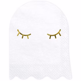 Weiße Halloween-Serviette in Gespensterform mit goldfarbenen Wimpern auf hellem Hintergrund.